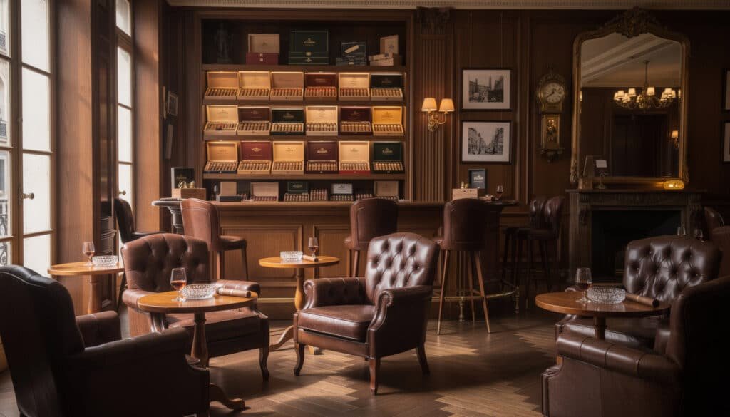 Bar à cigares parisien luxueux avec cave de cigares, fauteuils en cuir, spiritueux et ambiance feutrée