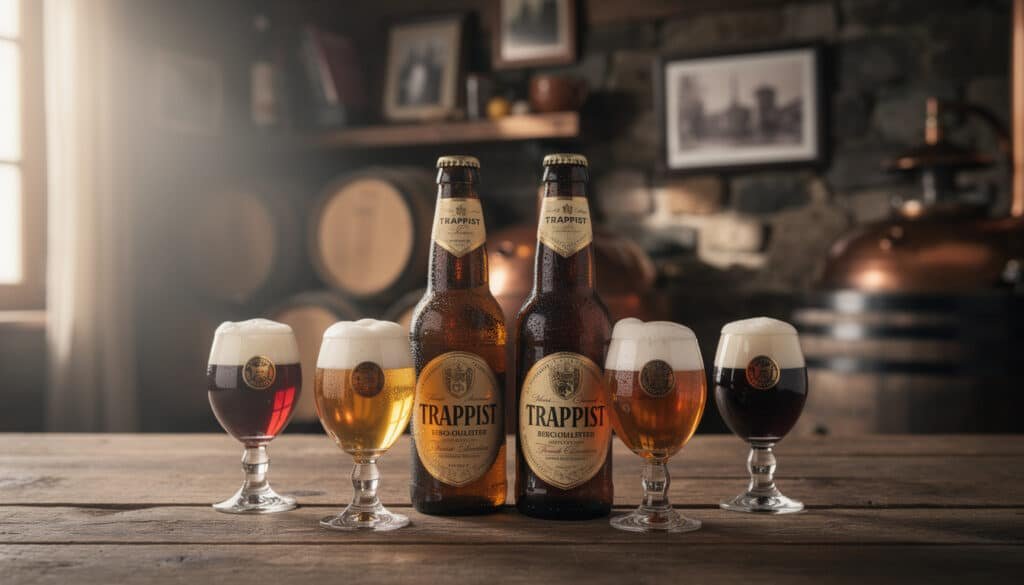 Bières trappistes belges Berchoulster : deux bouteilles et quatre verres remplis de différentes couleurs, du blond au quadrupel, dans une abbaye