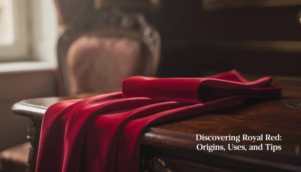 Tissu velours rouge royal drapé sur chaise en bois, illustrant la couleur riche du Royal Rouge