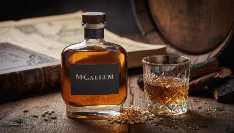 Bouteille de whisky McCallum avec verre de dégustation, amandes et fût en arrière-plan