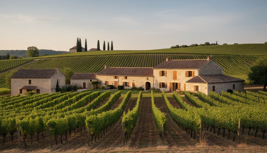 Domaine viticole en Bourgogne Côte-d'Or avec vignobles, maison traditionnelle en pierre et cyprès