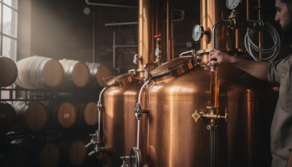 Cuves de fermentation en cuivre dans une micro brasserie artisanale avec équipements de contrôle