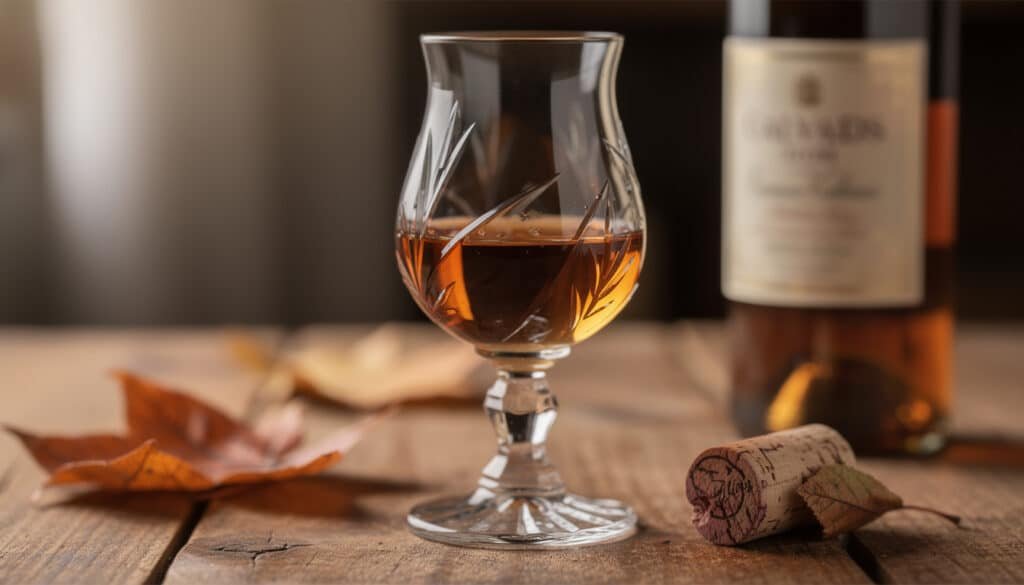 Verre tulipe contenant un calvados vieux ambré, avec bouchon de liège et bouteille en arrière-plan sur table en bois