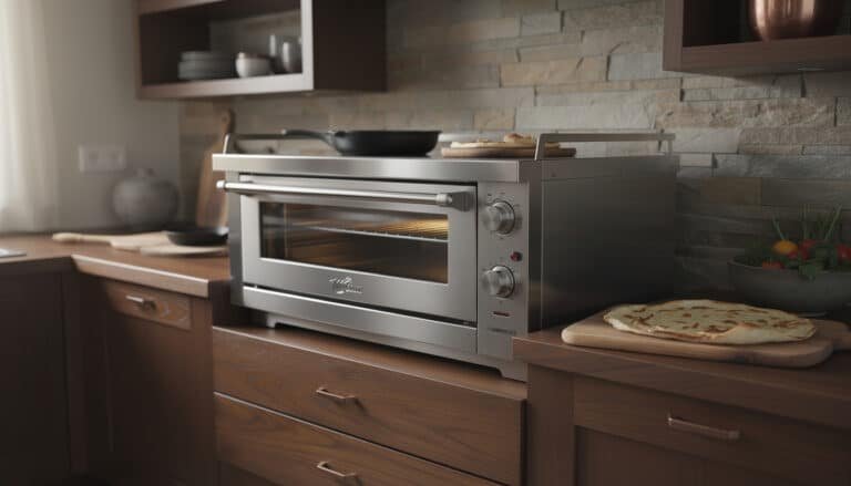Four à flammekueche électrique inox sur plan de travail avec tarte flambée cuite et accessoires de service