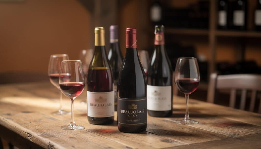 Sélection de vins Beaujolais crus avec verres de dégustation sur table en bois