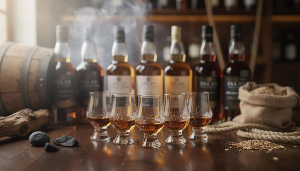 Dégustation de whisky tourbé d'Islay : verres remplis de whisky ambré avec bouteilles et fûts en arrière-plan