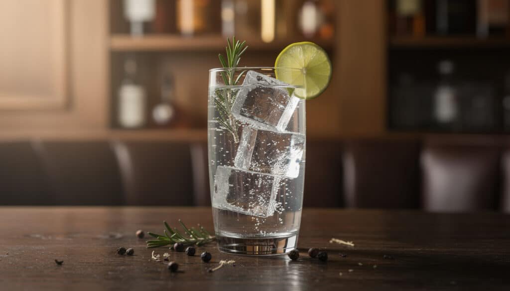 Gin tonic parfait servi dans un verre avec glaçons XXL, garnit de citron vert et romarin frais
