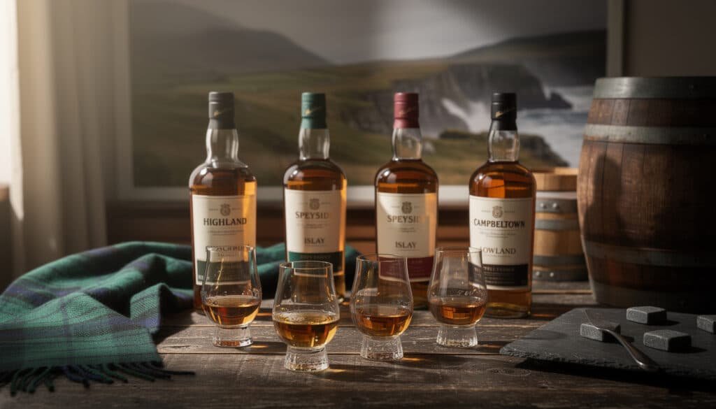 Dégustation comparative de quatre scotch whisky régionaux : Highland, Speyside, Islay et Campbeltown dans des verres tulipe
