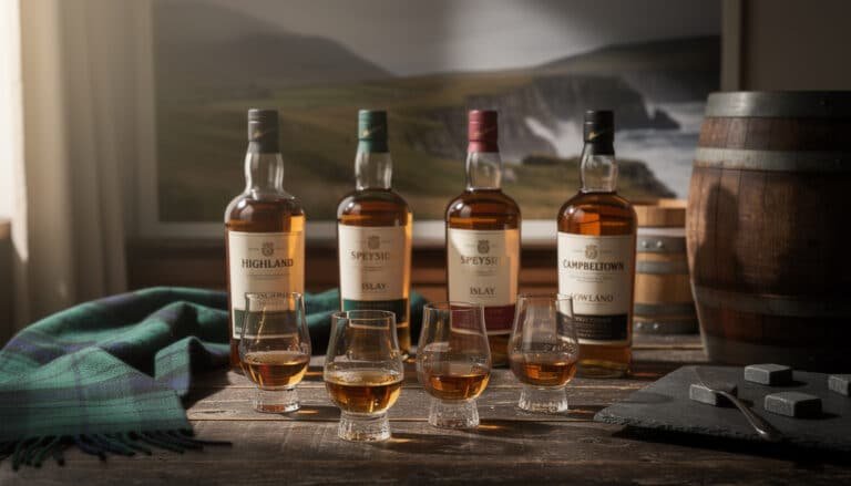Dégustation comparative de quatre scotch whisky régionaux : Highland, Speyside, Islay et Campbeltown dans des verres tulipe