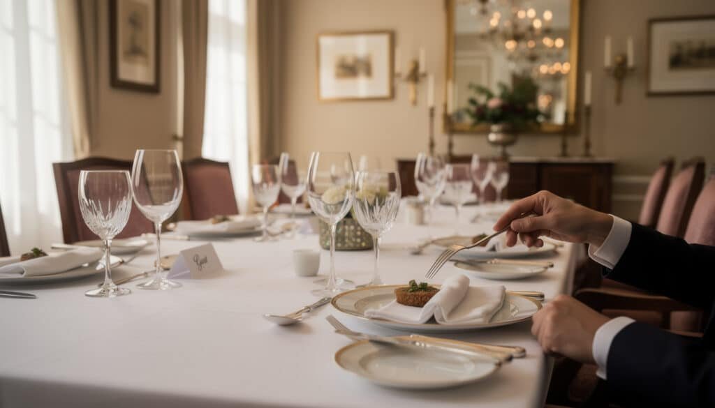 Table de dîner élégant avec dressage formel : couverts à la française, verres en cristal, serviettes blanches et assiettes alignées