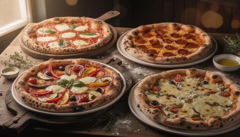 Quatre pizzas italiennes artisanales : Margherita, Diavola, quatre saisons et pizza aux olives