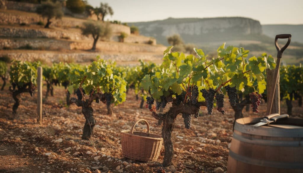 Vignoble du Sud-Est avec raisins noirs mûrs, panier de récolte et outils de vendangeur sur terroir caillouteux