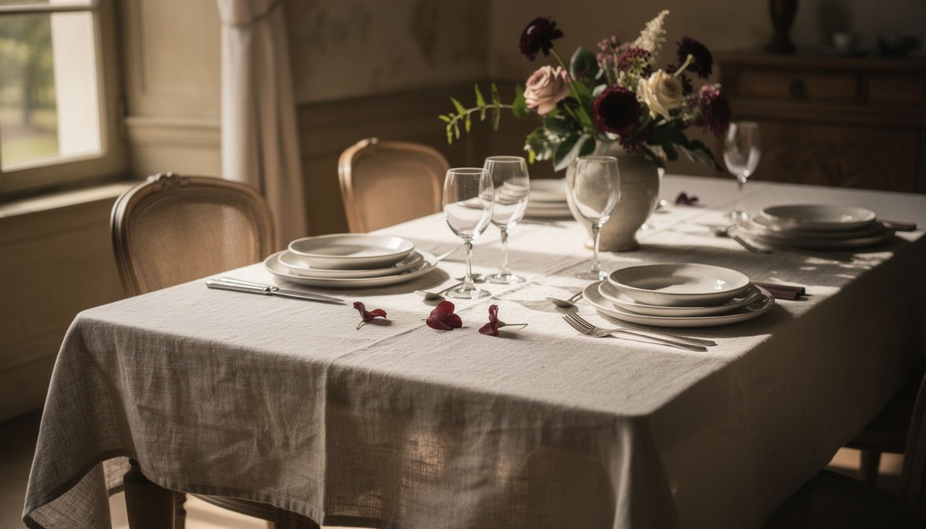 découvrez nos nappes en lin, alliant élégance et naturel, pour sublimer votre table en toutes occasions.