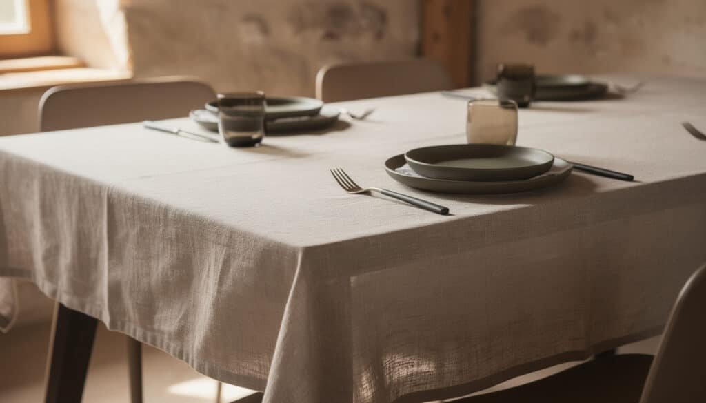 Table dressée avec nappe en lin beige, couverts et verres, démontrant l'élégance naturelle et le froissé assumé du lin lavé