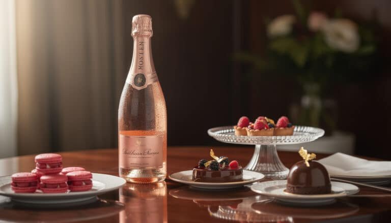 Champagne rosé Moët & Chandon avec macarons roses et desserts au chocolat et fruits rouges sur table