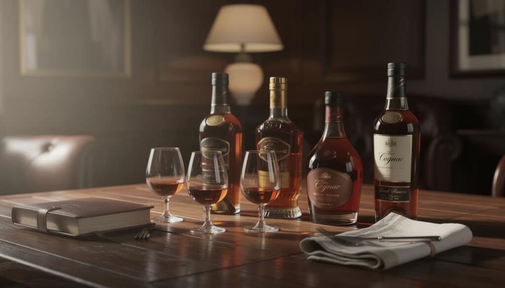 Sélection de bouteilles de cognac VSOP et XO avec verres de dégustation sur table en bois, illustrant le comparatif qualité-prix