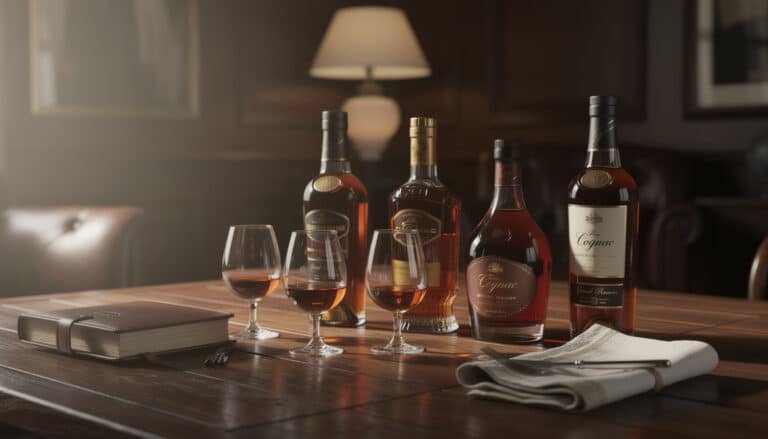 Sélection de bouteilles de cognac VSOP et XO avec verres de dégustation sur table en bois, illustrant le comparatif qualité-prix