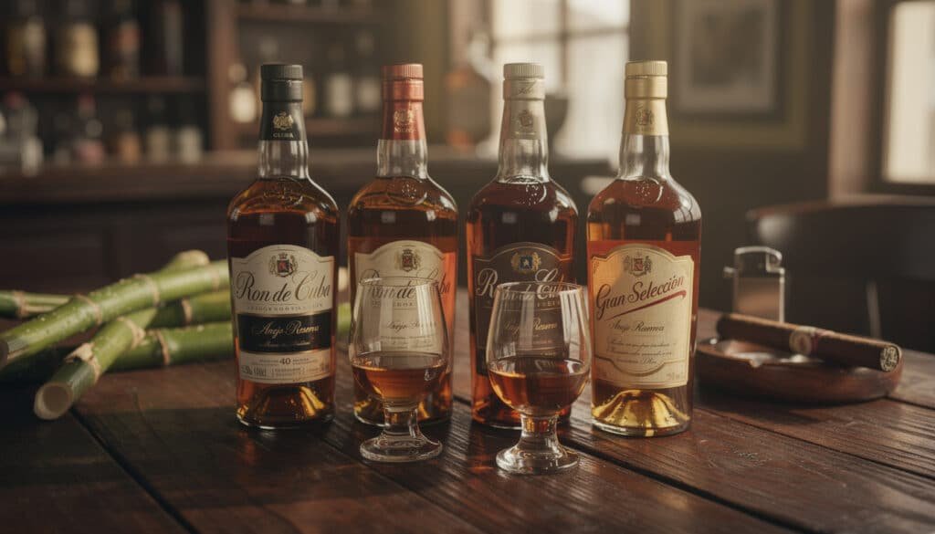 Sélection de rhums cubains vieillis en bouteille avec verres de dégustation et cigares, comparaison de profils aromatiques