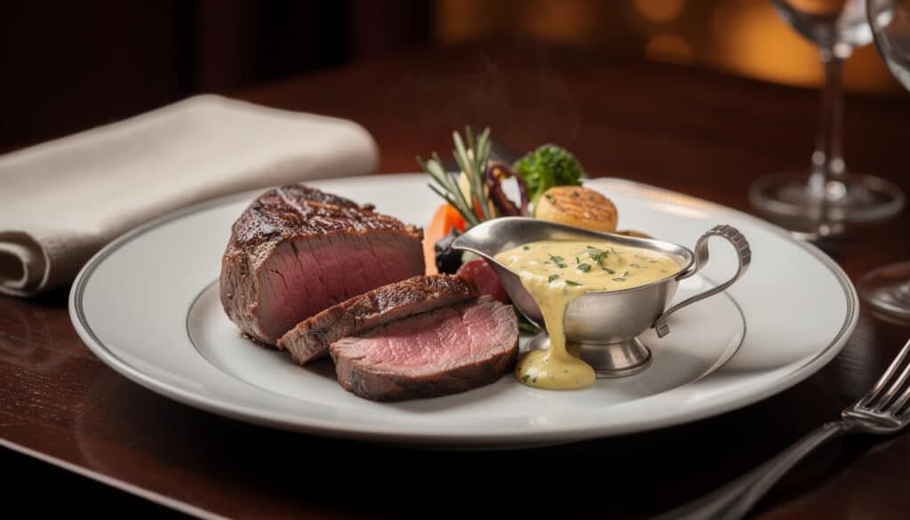 Chateaubriand saignant tranché avec sauce béarnaise en saucière, accompagnements de légumes, assiette de restaurant gastronomique