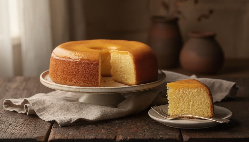Pão de Ló portugais moelleux tranché, texture aérée de génoise dorée sur assiette avec fourchette
