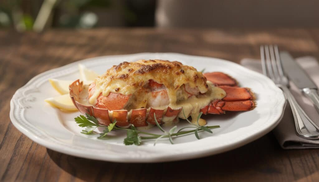 Homard thermidor gratinéau gruyère avec sauce dorée, présenté sur une assiette blanche avec citron et herbes fraîches