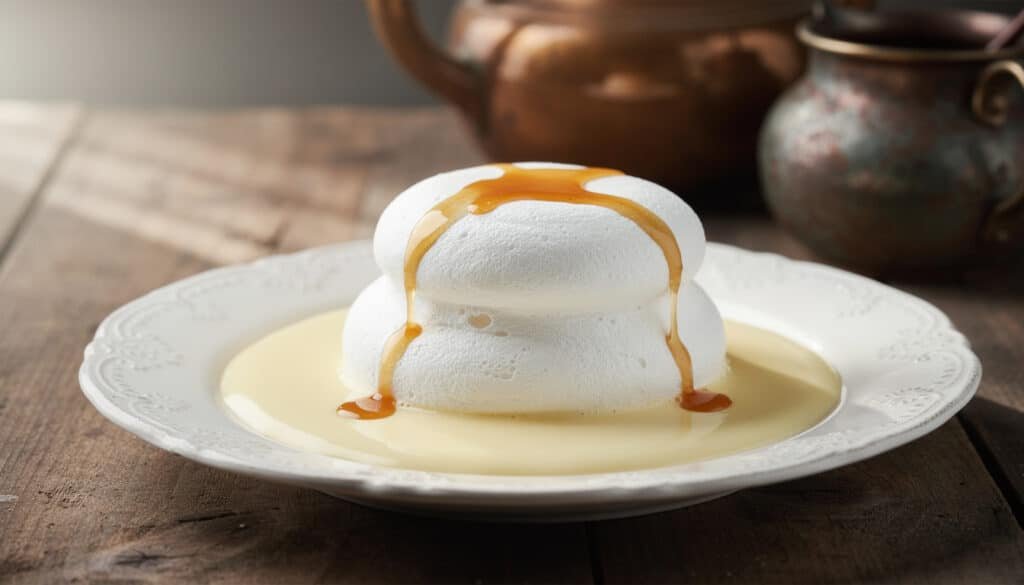 Île flottante classique : meringue pochée sur crème anglaise vanille avec filet de caramel ambré