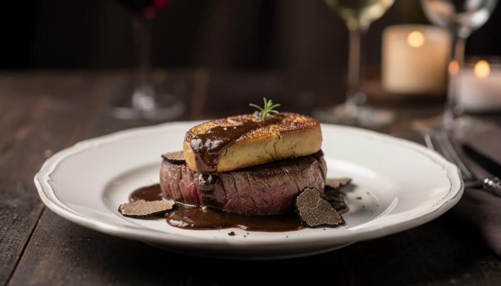 Tournedos Rossini dressé sur assiette blanche avec foie gras, truffe noire et sauce Madère