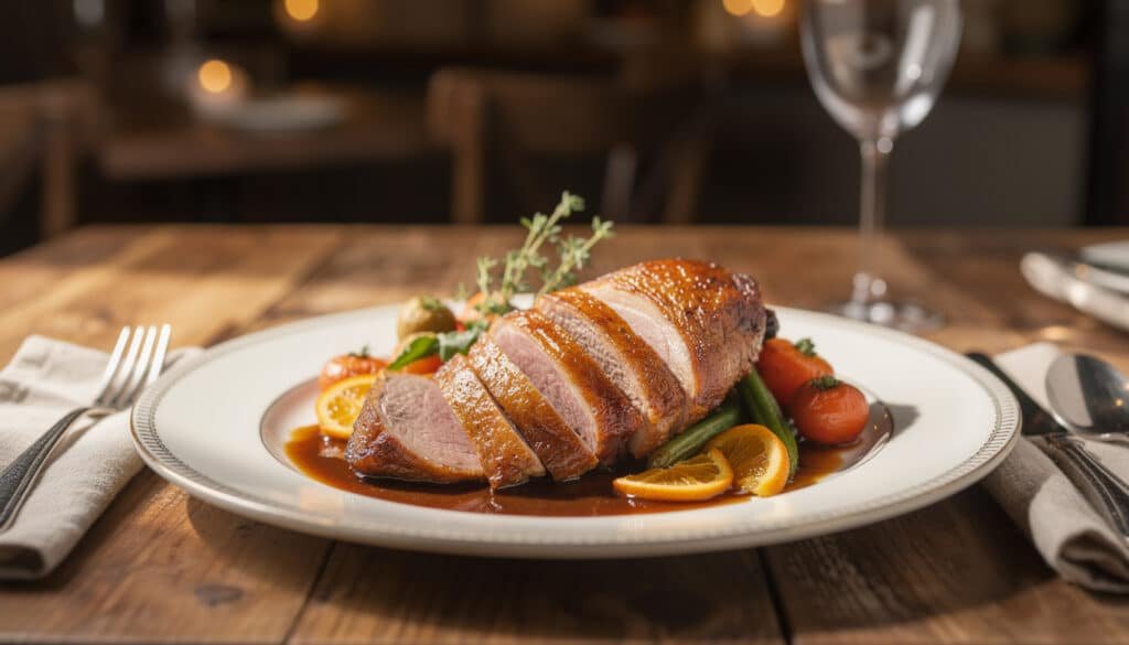 Canard à l'orange traditionnel avec peau dorée croustillante, sauce brillante et garniture d'orange et légumes