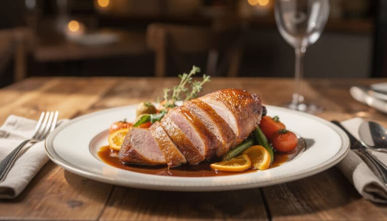 Canard à l'orange traditionnel avec peau dorée croustillante, sauce brillante et garniture d'orange et légumes