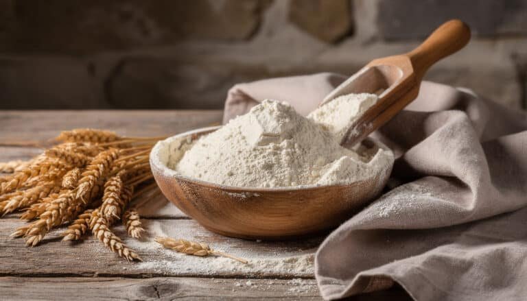 Farine de tradition T65 dans un bol en bois avec cuillère, épis de blé et linge beige