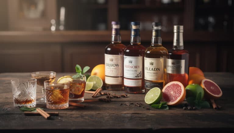Quatre bouteilles de rhum variées avec verres de flash, glaçons, agrumes et épices sur table en bois