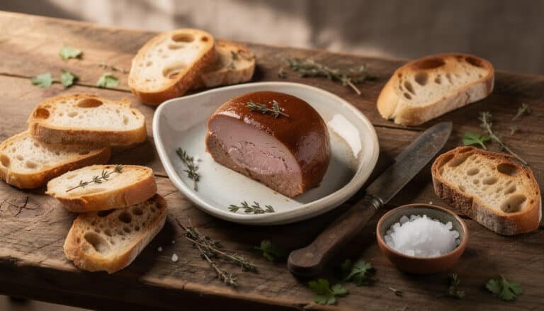 Terrine de pâté de canard maison tranchée, servie sur planche en bois avec pain grillé, sel et herbes aromatiques
