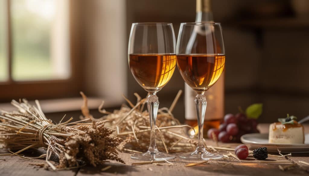 Deux verres de vin de foin ambré servis à température fraîche avec décoration de foin sec et fruits rouges
