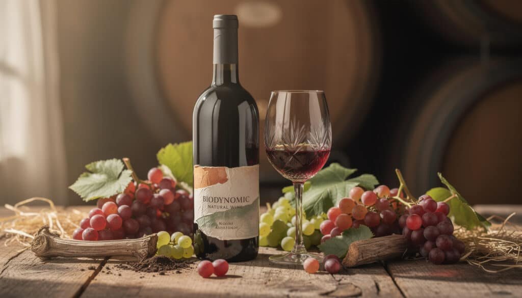 Bouteille de vin biodynamique Biodyvin avec verre rempli, raisins rouges et blancs frais, illustrant les principes naturels du vin biodynamique