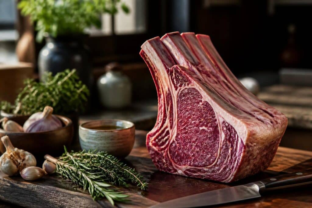 Basse côte de bœuf crue avec persillé fin, accompagnée de romarin, ail et herbes aromatiques sur planche de bois