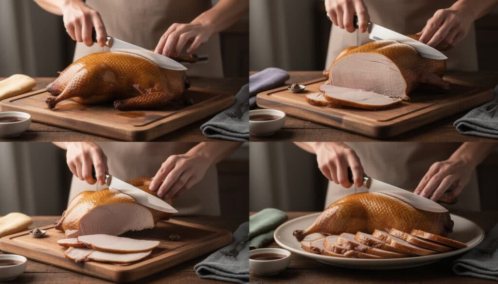 Étapes de découpe d'un canard entier : détachage des ailes, levée des magrets le long du sternum et présentation des morceaux