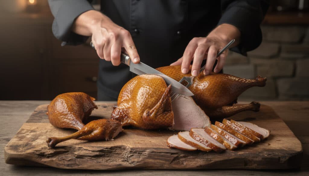 Chef découpe un canard gras cuit avec un couteau à trancher sur planche en bois, démonstration de la technique de découpe nette