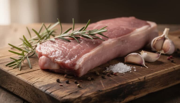 Épaule de veau crue sur planche en bois avec romarin frais, ail et épices, prête à être préparée