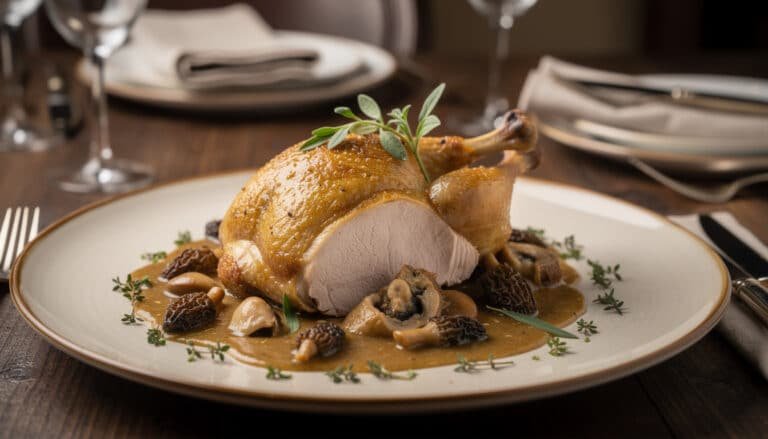 Chapon aux morilles et vin jaune, présenté sur assiette blanche avec sauce nappante et garniture de thym
