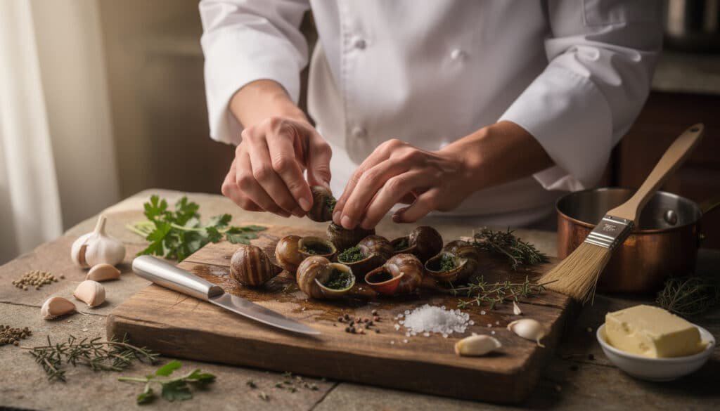 Chef préparant des escargots frais sur planche à découper avec herbes aromatiques et beurre