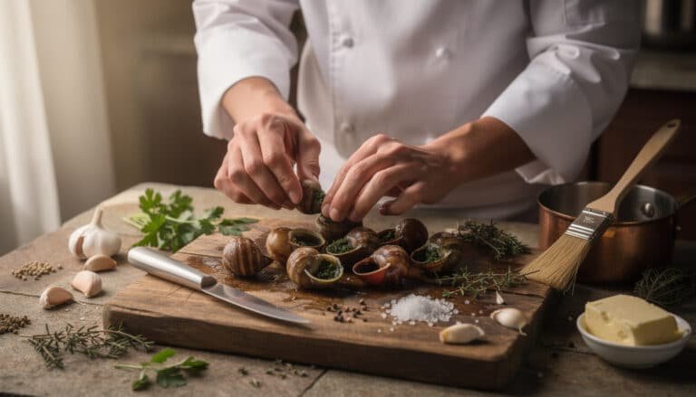 Chef préparant des escargots frais sur planche à découper avec herbes aromatiques et beurre
