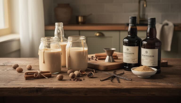 Crème de rhum maison avec rhum vieux, lait concentré, épices et vanille sur table en bois