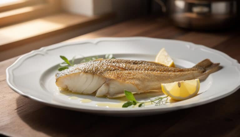 Sole cuite à la poêle, chair nacrée, peau dorée, garnie de citron et herbes fraîches