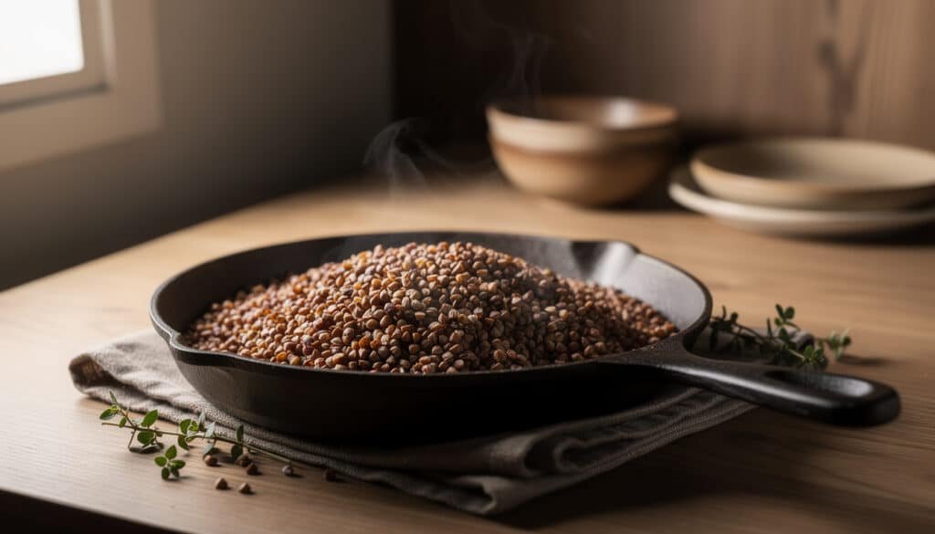 Sarrasin cuit dans une poêle en fonte noire, grains détachés et bien cuits, sur torchon gris avec herbes fraîches