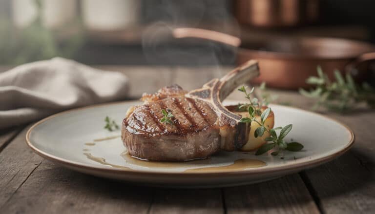 Côte de veau rosée à la plancha, dressée avec herbes fraîches et sauce, exemple de cuisson parfaite