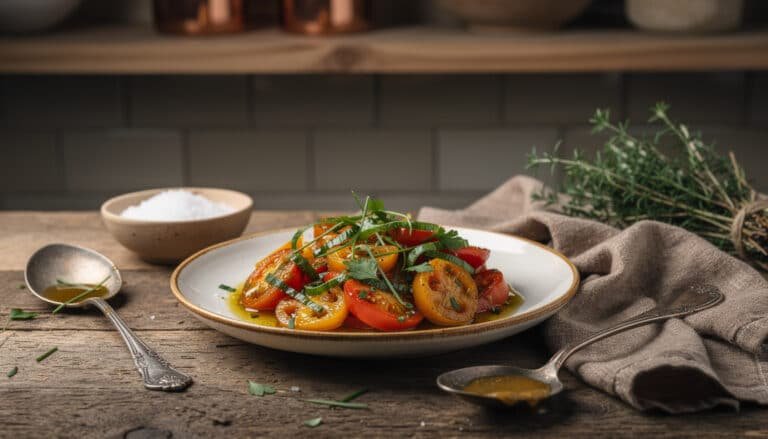 Poivrons grillés au xipister basque avec ail et herbes aromatiques sur assiette blanche
