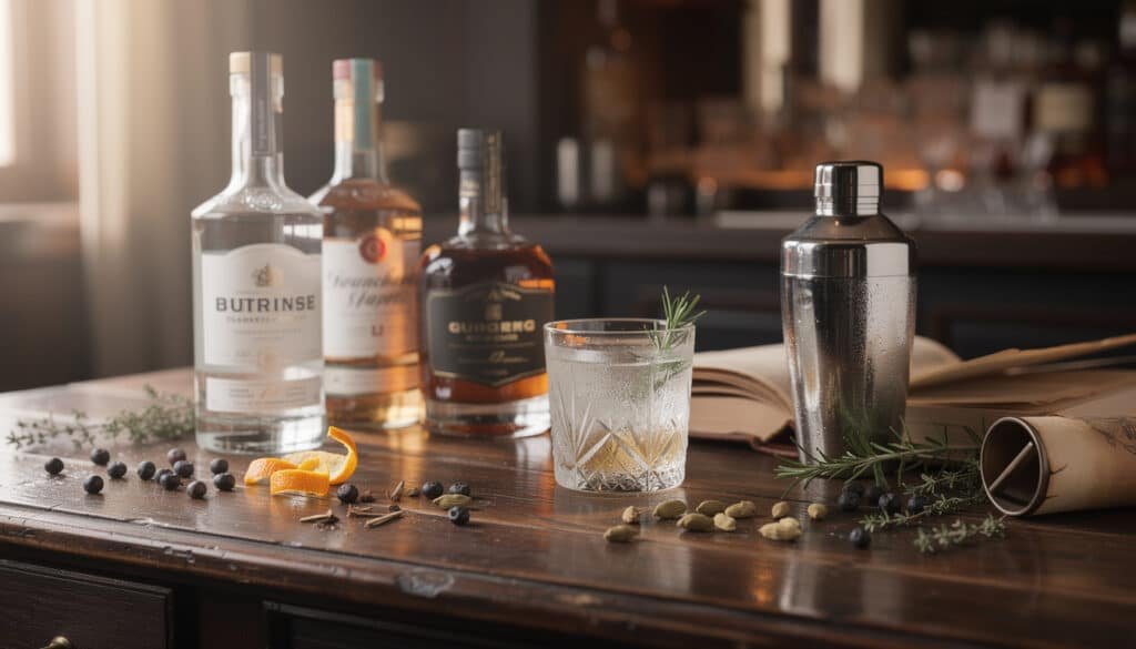 Dégustation de gin artisanal avec botaniques : verres, bouteilles et herbes aromatiques sur table de bar