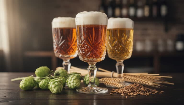 Trois verres de bière de luxe avec différentes couleurs et mousses fines, accompagnés de houblon et de grains d'orge