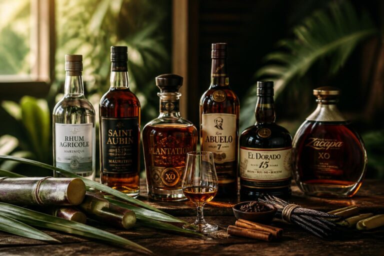 Collection de rhums des Caraïbes avec verre de dégustation, canne à sucre et épices