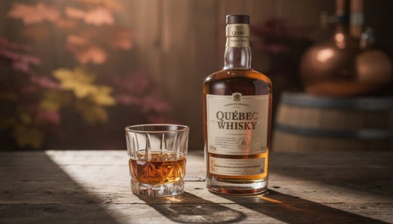 Bouteille de Quebec Whisky avec verre de dégustation sur table en bois, éclairage ambiance chaleureuse